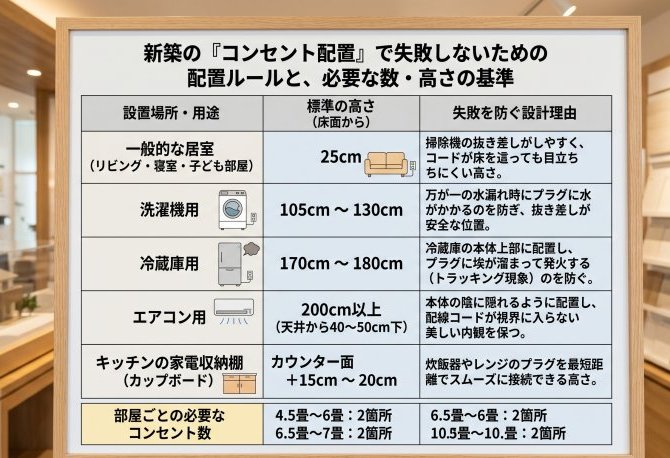 新築の「コンセント配置」で失敗しないための配置ルールと、必要な数・高さの基準