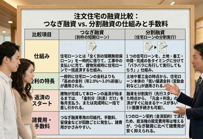 注文住宅の「つなぎ融資」と「分割融資」の違い。着工から完成までに必要な現金と手数料の仕組み